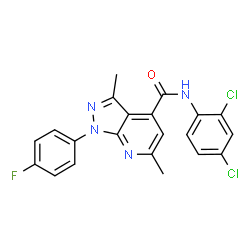 ChemSpider 2D Image | N-(2,4-Dichlorophenyl)-1-(4-fluorophenyl)-3,6-dimethyl-1H-pyrazolo[3,4-b]pyridine-4-carboxamide | C21H15Cl2FN4O