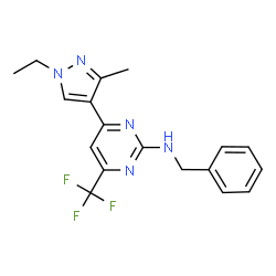ChemSpider 2D Image | N-Benzyl-4-(1-ethyl-3-methyl-1H-pyrazol-4-yl)-6-(trifluoromethyl)-2-pyrimidinamine | C18H18F3N5