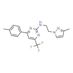ChemSpider 2D Image | 4-(4-Methylphenyl)-N-[2-(3-methyl-1H-pyrazol-1-yl)ethyl]-6-(trifluoromethyl)-2-pyrimidinamine | C18H18F3N5