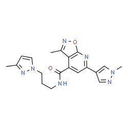 ChemSpider 2D Image | 3-Methyl-6-(1-methyl-1H-pyrazol-4-yl)-N-[3-(3-methyl-1H-pyrazol-1-yl)propyl]isoxazolo[5,4-b]pyridine-4-carboxamide | C19H21N7O2