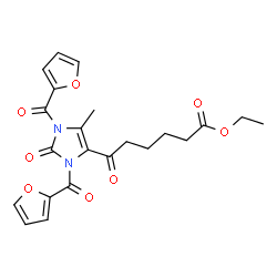 ChemSpider 2D Image | Ethyl 6-[1,3-di(2-furoyl)-5-methyl-2-oxo-2,3-dihydro-1H-imidazol-4-yl]-6-oxohexanoate | C22H22N2O8