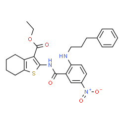 ChemSpider 2D Image | Ethyl 2-({5-nitro-2-[(3-phenylpropyl)amino]benzoyl}amino)-4,5,6,7-tetrahydro-1-benzothiophene-3-carboxylate | C27H29N3O5S