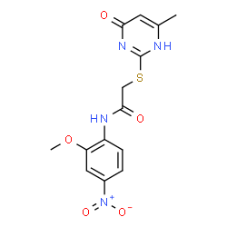 ChemSpider 2D Image | N-(2-Methoxy-4-nitrophenyl)-2-[(6-methyl-4-oxo-1,4-dihydro-2-pyrimidinyl)sulfanyl]acetamide | C14H14N4O5S