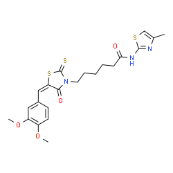 ChemSpider 2D Image | 6-[(5E)-5-(3,4-Dimethoxybenzylidene)-4-oxo-2-thioxo-1,3-thiazolidin-3-yl]-N-(4-methyl-1,3-thiazol-2-yl)hexanamide | C22H25N3O4S3