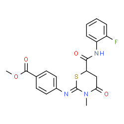 ChemSpider 2D Image | Methyl 4-[(Z)-{6-[(2-fluorophenyl)carbamoyl]-3-methyl-4-oxo-1,3-thiazinan-2-ylidene}amino]benzoate | C20H18FN3O4S