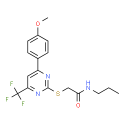 ChemSpider 2D Image | 2-{[4-(4-Methoxyphenyl)-6-(trifluoromethyl)-2-pyrimidinyl]sulfanyl}-N-propylacetamide | C17H18F3N3O2S