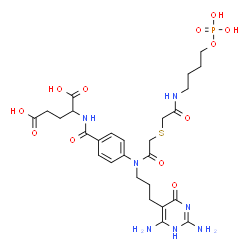 ChemSpider 2D Image | N-(4-{[3-(2,6-Diamino-4-oxo-1,4-dihydro-5-pyrimidinyl)propyl](12,12-dihydroxy-12-oxido-5-oxo-11-oxa-3-thia-6-aza-12lambda~5~-phosphadodecan-1-oyl)amino}benzoyl)glutamic acid | C27H38N7O12PS