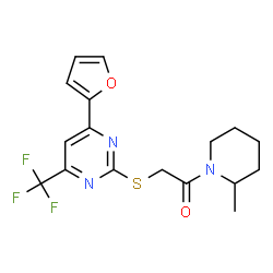 ChemSpider 2D Image | 2-{[4-(2-Furyl)-6-(trifluoromethyl)-2-pyrimidinyl]sulfanyl}-1-(2-methyl-1-piperidinyl)ethanone | C17H18F3N3O2S
