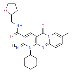 ChemSpider 2D Image | (2E)-1-Cyclohexyl-2-imino-8-methyl-5-oxo-N-(tetrahydro-2-furanylmethyl)-1,5-dihydro-2H-dipyrido[1,2-a:2',3'-d]pyrimidine-3-carboxamide | C24H29N5O3