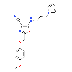ChemSpider 2D Image | 5-{[3-(1H-Imidazol-1-yl)propyl]amino}-2-[(4-methoxyphenoxy)methyl]-1,3-oxazole-4-carbonitrile | C18H19N5O3