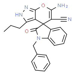 ChemSpider 2D Image | 6'-Amino-1-benzyl-2-oxo-3'-propyl-1,2-dihydro-1'H-spiro[indole-3,4'-pyrano[2,3-c]pyrazole]-5'-carbonitrile | C24H21N5O2