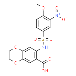 ChemSpider 2D Image | 7-{[(4-Methoxy-3-nitrophenyl)sulfonyl]amino}-2,3-dihydro-1,4-benzodioxine-6-carboxylic acid | C16H14N2O9S