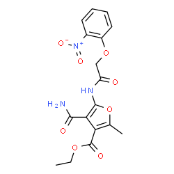ChemSpider 2D Image | Ethyl 4-carbamoyl-2-methyl-5-{[(2-nitrophenoxy)acetyl]amino}-3-furoate | C17H17N3O8