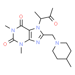 ChemSpider 2D Image | 1,3-Dimethyl-8-[(4-methyl-1-piperidinyl)methyl]-7-(3-oxo-2-butanyl)-3,7-dihydro-1H-purine-2,6-dione | C18H27N5O3