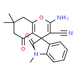 ChemSpider 2D Image | 2-Amino-1',7,7-trimethyl-2',5-dioxo-1',2',5,6,7,8-hexahydrospiro[chromene-4,3'-indole]-3-carbonitrile | C20H19N3O3