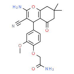 ChemSpider 2D Image | 2-[4-(2-Amino-3-cyano-7,7-dimethyl-5-oxo-5,6,7,8-tetrahydro-4H-chromen-4-yl)-2-methoxyphenoxy]acetamide | C21H23N3O5