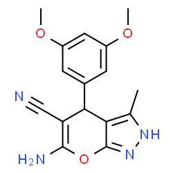 ChemSpider 2D Image | 6-amino-4-(3,5-dimethoxyphenyl)-3-methyl-1,4-dihydropyrano[2,3-c]pyrazole-5-carbonitrile | C16H16N4O3