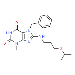 ChemSpider 2D Image | 7-Benzyl-8-[(3-isopropoxypropyl)amino]-3-methyl-3,7-dihydro-1H-purine-2,6-dione | C19H25N5O3