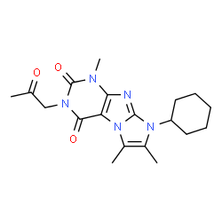 ChemSpider 2D Image | 8-Cyclohexyl-1,6,7-trimethyl-3-(2-oxopropyl)-1H-imidazo[2,1-f]purine-2,4(3H,8H)-dione | C19H25N5O3