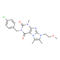 ChemSpider 2D Image | 3-(4-Chlorobenzyl)-8-(2-methoxyethyl)-1,6,7-trimethyl-1H-imidazo[2,1-f]purine-2,4(3H,8H)-dione | C20H22ClN5O3