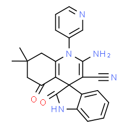 ChemSpider 2D Image | 2'-Amino-7',7'-dimethyl-2,5'-dioxo-1'-(3-pyridinyl)-1,2,5',6',7',8'-hexahydro-1'H-spiro[indole-3,4'-quinoline]-3'-carbonitrile | C24H21N5O2