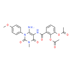 ChemSpider 2D Image | 3-{[6-Amino-1-(4-methoxyphenyl)-3-methyl-2,4-dioxo-1,2,3,4-tetrahydro-5-pyrimidinyl]carbamoyl}-1,2-phenylene diacetate | C23H22N4O8