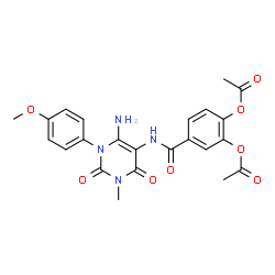 ChemSpider 2D Image | 4-{[6-Amino-1-(4-methoxyphenyl)-3-methyl-2,4-dioxo-1,2,3,4-tetrahydro-5-pyrimidinyl]carbamoyl}-1,2-phenylene diacetate | C23H22N4O8