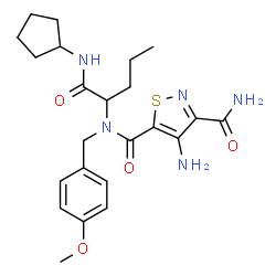 ChemSpider 2D Image | 4-Amino-N~5~-[1-(cyclopentylamino)-1-oxo-2-pentanyl]-N~5~-(4-methoxybenzyl)-1,2-thiazole-3,5-dicarboxamide | C23H31N5O4S
