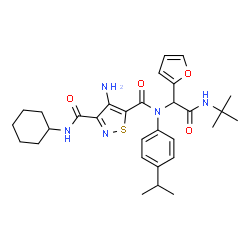 ChemSpider 2D Image | 4-Amino-N~3~-cyclohexyl-N~5~-{1-(2-furyl)-2-[(2-methyl-2-propanyl)amino]-2-oxoethyl}-N~5~-(4-isopropylphenyl)-1,2-thiazole-3,5-dicarboxamide | C30H39N5O4S