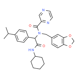 ChemSpider 2D Image | N-(1,3-Benzodioxol-5-ylmethyl)-N-[2-(cyclohexylamino)-1-(4-isopropylphenyl)-2-oxoethyl]-2-pyrazinecarboxamide | C30H34N4O4