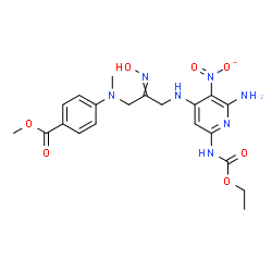 ChemSpider 2D Image | Methyl 4-{[3-({2-amino-6-[(ethoxycarbonyl)amino]-3-nitro-4-pyridinyl}amino)-2-(hydroxyimino)propyl](methyl)amino}benzoate | C20H25N7O7