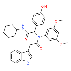 ChemSpider 2D Image | N-[2-(Cyclohexylamino)-1-(4-hydroxyphenyl)-2-oxoethyl]-N-(3,5-dimethoxyphenyl)-2-(1H-indol-3-yl)acetamide | C32H35N3O5