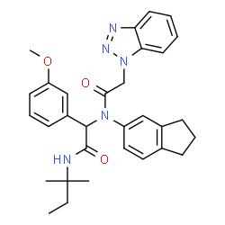 ChemSpider 2D Image | 2-(1H-Benzotriazol-1-yl)-N-(2,3-dihydro-1H-inden-5-yl)-N-{1-(3-methoxyphenyl)-2-[(2-methyl-2-butanyl)amino]-2-oxoethyl}acetamide | C31H35N5O3