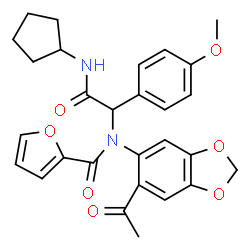 ChemSpider 2D Image | N-(6-Acetyl-1,3-benzodioxol-5-yl)-N-[2-(cyclopentylamino)-1-(4-methoxyphenyl)-2-oxoethyl]-2-furamide | C28H28N2O7