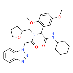 ChemSpider 2D Image | 2-(1H-Benzotriazol-1-yl)-N-[2-(cyclohexylamino)-1-(2,5-dimethoxyphenyl)-2-oxoethyl]-N-(tetrahydro-2-furanylmethyl)acetamide | C29H37N5O5