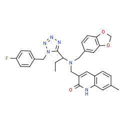 ChemSpider 2D Image | 3-{[(1,3-Benzodioxol-5-ylmethyl){1-[1-(4-fluorobenzyl)-1H-tetrazol-5-yl]propyl}amino]methyl}-7-methyl-2(1H)-quinolinone | C30H29FN6O3