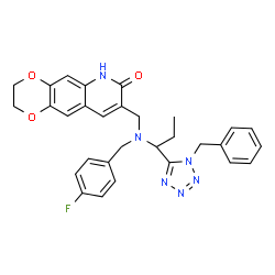 ChemSpider 2D Image | 8-({[1-(1-Benzyl-1H-tetrazol-5-yl)propyl](4-fluorobenzyl)amino}methyl)-2,3-dihydro[1,4]dioxino[2,3-g]quinolin-7(6H)-one | C30H29FN6O3