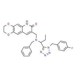 ChemSpider 2D Image | 8-[(Benzyl{1-[1-(4-fluorobenzyl)-1H-tetrazol-5-yl]propyl}amino)methyl]-2,3-dihydro[1,4]dioxino[2,3-g]quinolin-7(6H)-one | C30H29FN6O3