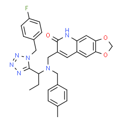 ChemSpider 2D Image | 7-{[{1-[1-(4-Fluorobenzyl)-1H-tetrazol-5-yl]propyl}(4-methylbenzyl)amino]methyl}[1,3]dioxolo[4,5-g]quinolin-6(5H)-one | C30H29FN6O3