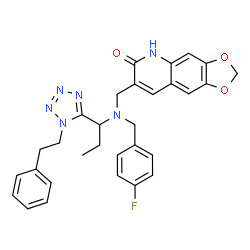 ChemSpider 2D Image | 7-{[(4-Fluorobenzyl){1-[1-(2-phenylethyl)-1H-tetrazol-5-yl]propyl}amino]methyl}[1,3]dioxolo[4,5-g]quinolin-6(5H)-one | C30H29FN6O3