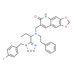 ChemSpider 2D Image | 7-{[{1-[1-(4-Fluorobenzyl)-1H-tetrazol-5-yl]propyl}(2-phenylethyl)amino]methyl}[1,3]dioxolo[4,5-g]quinolin-6(5H)-one | C30H29FN6O3