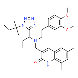 ChemSpider 2D Image | 3-[([2-(3,4-Dimethoxyphenyl)ethyl]{1-[1-(2-methyl-2-butanyl)-1H-tetrazol-5-yl]propyl}amino)methyl]-6,8-dimethyl-2(1H)-quinolinone | C31H42N6O3