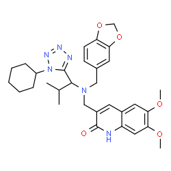 ChemSpider 2D Image | 3-({(1,3-Benzodioxol-5-ylmethyl)[1-(1-cyclohexyl-1H-tetrazol-5-yl)-2-methylpropyl]amino}methyl)-6,7-dimethoxy-2(1H)-quinolinone | C31H38N6O5