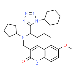 ChemSpider 2D Image | 3-({[1-(1-Cyclohexyl-1H-tetrazol-5-yl)butyl](cyclopentyl)amino}methyl)-6-methoxy-2(1H)-quinolinone | C27H38N6O2