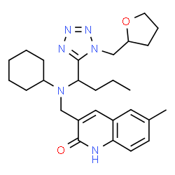 ChemSpider 2D Image | 3-[(Cyclohexyl{1-[1-(tetrahydro-2-furanylmethyl)-1H-tetrazol-5-yl]butyl}amino)methyl]-6-methyl-2(1H)-quinolinone | C27H38N6O2
