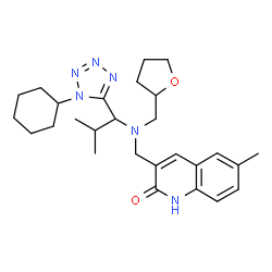 ChemSpider 2D Image | 3-({[1-(1-Cyclohexyl-1H-tetrazol-5-yl)-2-methylpropyl](tetrahydro-2-furanylmethyl)amino}methyl)-6-methyl-2(1H)-quinolinone | C27H38N6O2