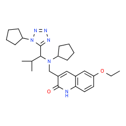 ChemSpider 2D Image | 3-({Cyclopentyl[1-(1-cyclopentyl-1H-tetrazol-5-yl)-2-methylpropyl]amino}methyl)-6-ethoxy-2(1H)-quinolinone | C27H38N6O2