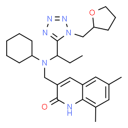 ChemSpider 2D Image | 3-[(Cyclohexyl{1-[1-(tetrahydro-2-furanylmethyl)-1H-tetrazol-5-yl]propyl}amino)methyl]-6,8-dimethyl-2(1H)-quinolinone | C27H38N6O2