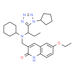 ChemSpider 2D Image | 3-({Cyclohexyl[1-(1-cyclopentyl-1H-tetrazol-5-yl)propyl]amino}methyl)-6-ethoxy-2(1H)-quinolinone | C27H38N6O2