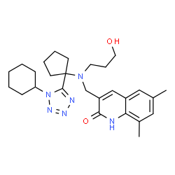 ChemSpider 2D Image | 3-({[1-(1-Cyclohexyl-1H-tetrazol-5-yl)cyclopentyl](3-hydroxypropyl)amino}methyl)-6,8-dimethyl-2(1H)-quinolinone | C27H38N6O2